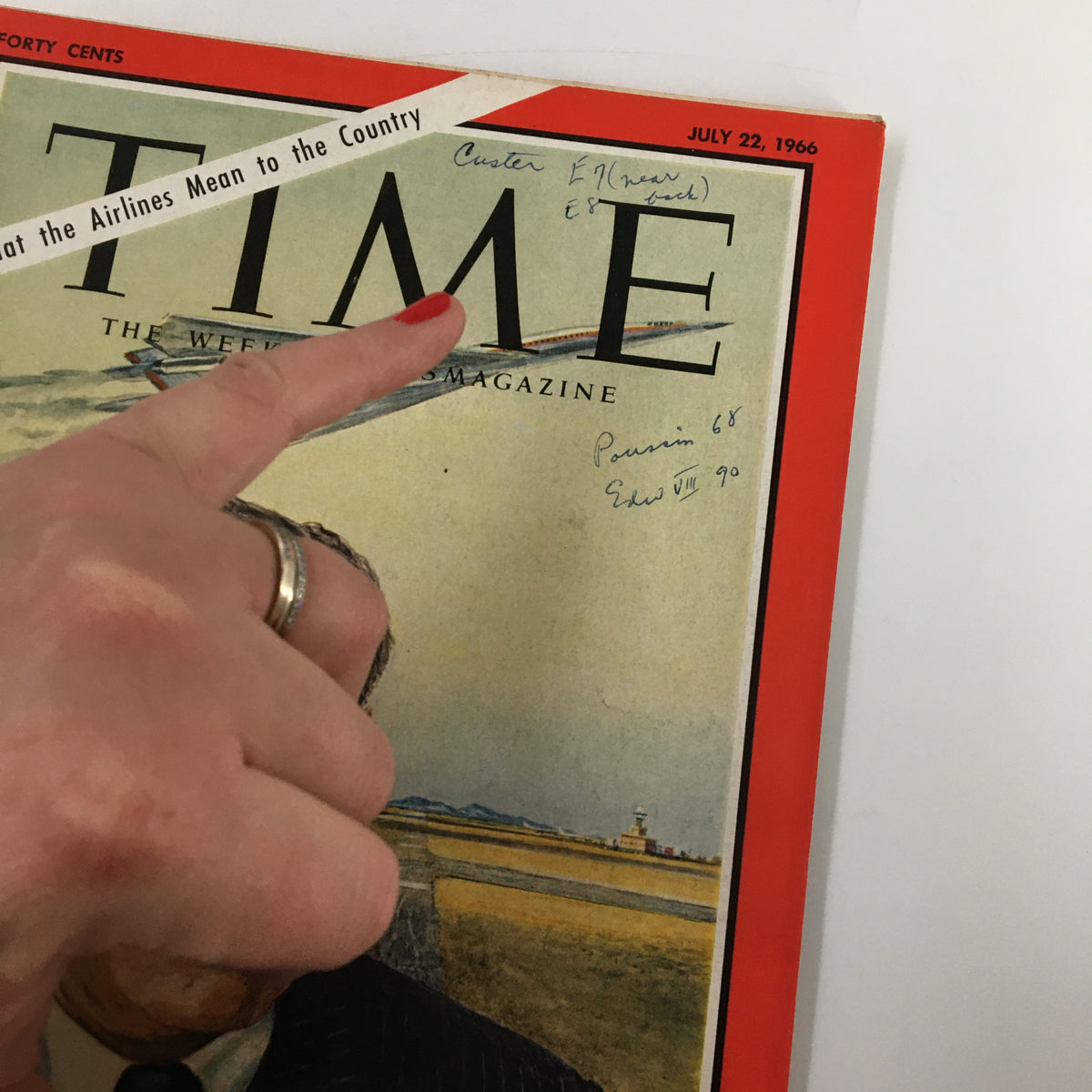 Close-up of the vintage Time Magazine cover from July 22, 1966, showcasing Charles C. Tillinghast Jr. with handwritten notes on the title, emphasizing the magazine's collectible nature and its focus on airline significance.