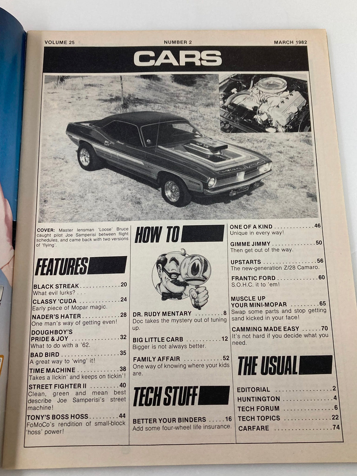 Interior page of VTG Cars Magazine March 1982 Vol 25 #2 showcasing articles and features about classic cars, including a feature on the cover car.