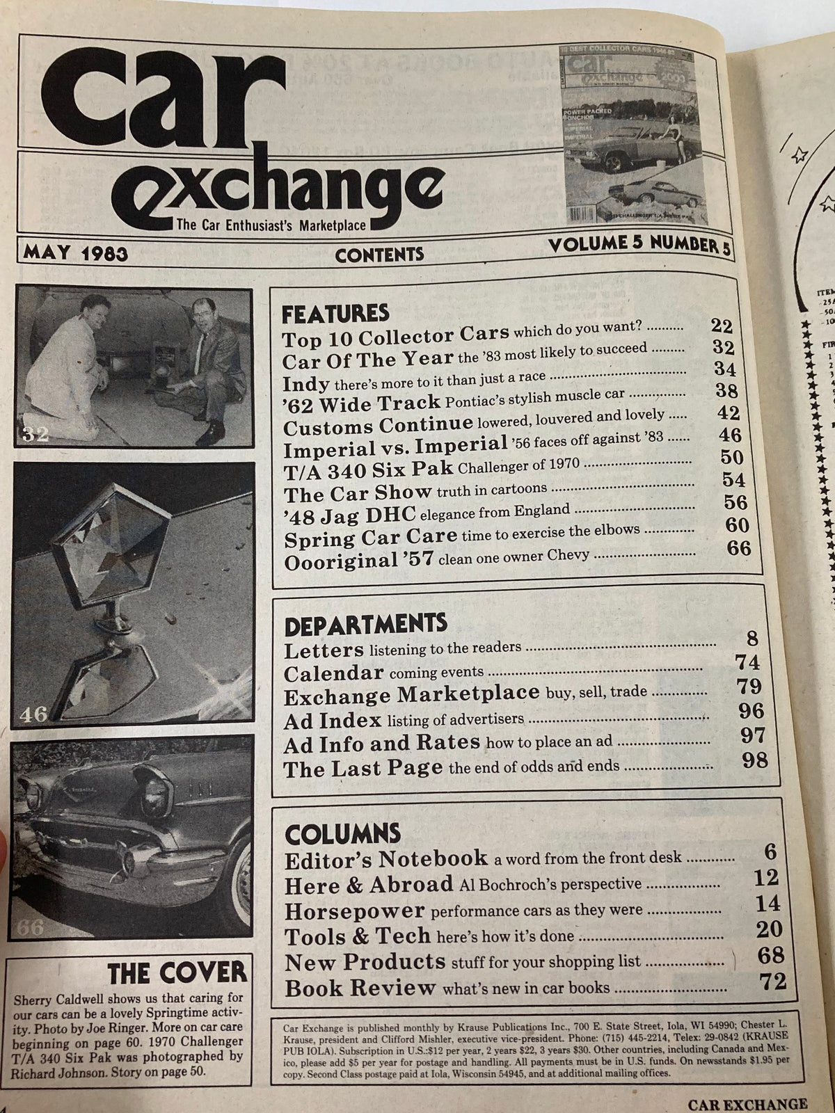 Contents page of VTG Car Exchange Magazine May 1983 Vol 5 #5, featuring articles on collector cars, automotive history, and car care tips, emphasizing the magazine's role in the car enthusiast community.