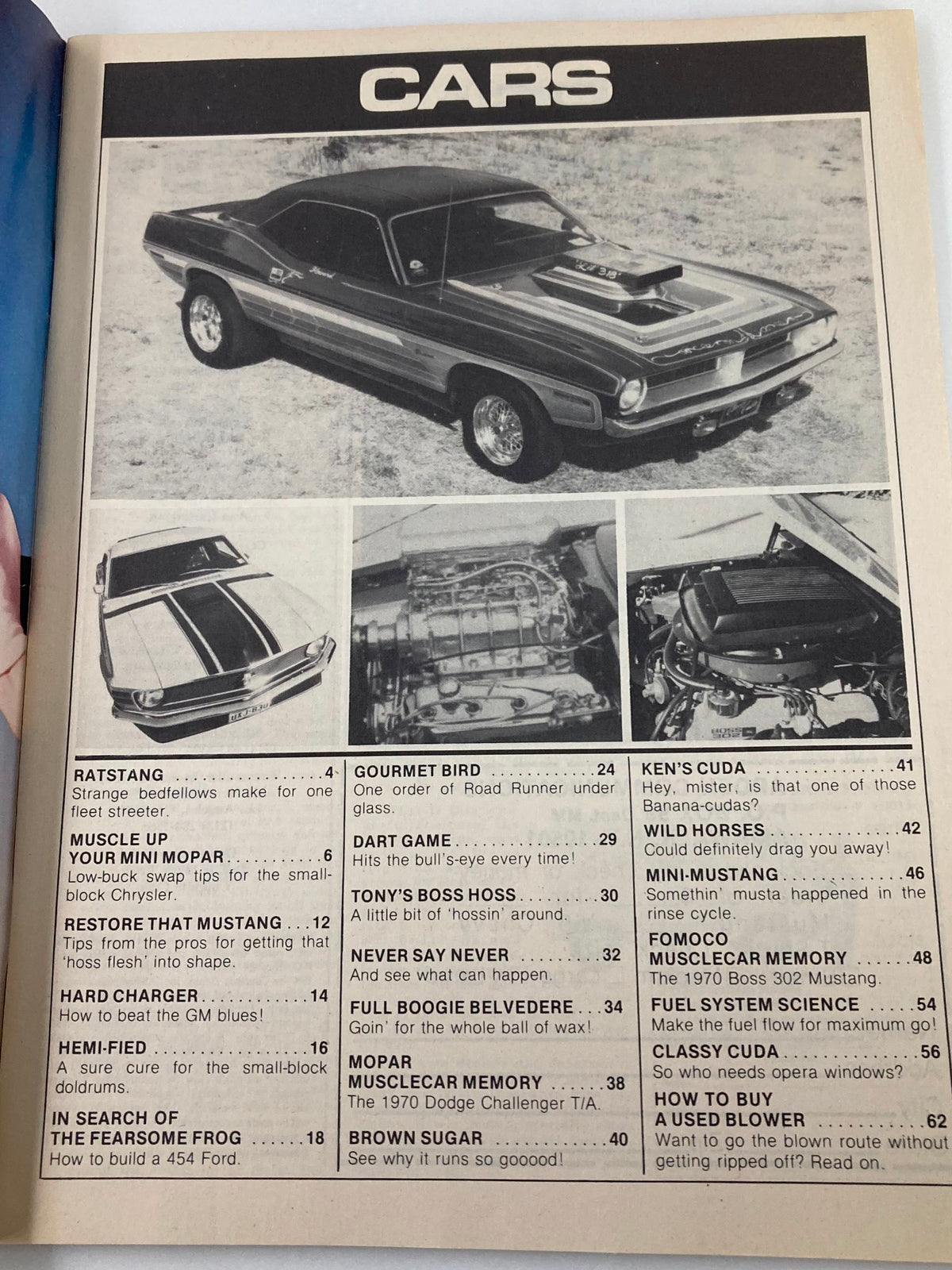 Interior page of Vintage Cars Magazine Issue #1 1982 displaying articles and car features related to Wild Mustangs and Mopars, with classic car photographs and a table of contents.
