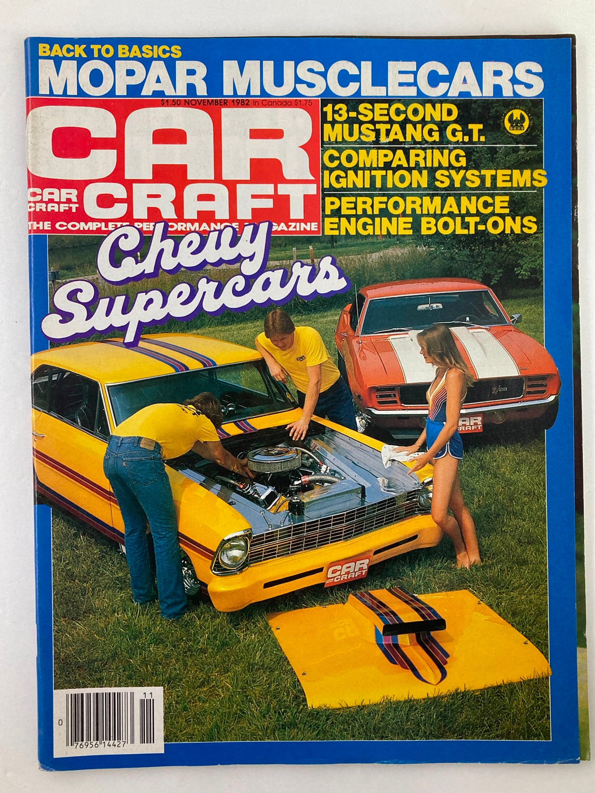 Vintage Car Craft Magazine cover from November 1982, volume 30 number 11, featuring articles on Chevelle supercars and performance tips. The cover showcases a yellow car being worked on by enthusiasts and highlights major features like Mopar muscle cars.