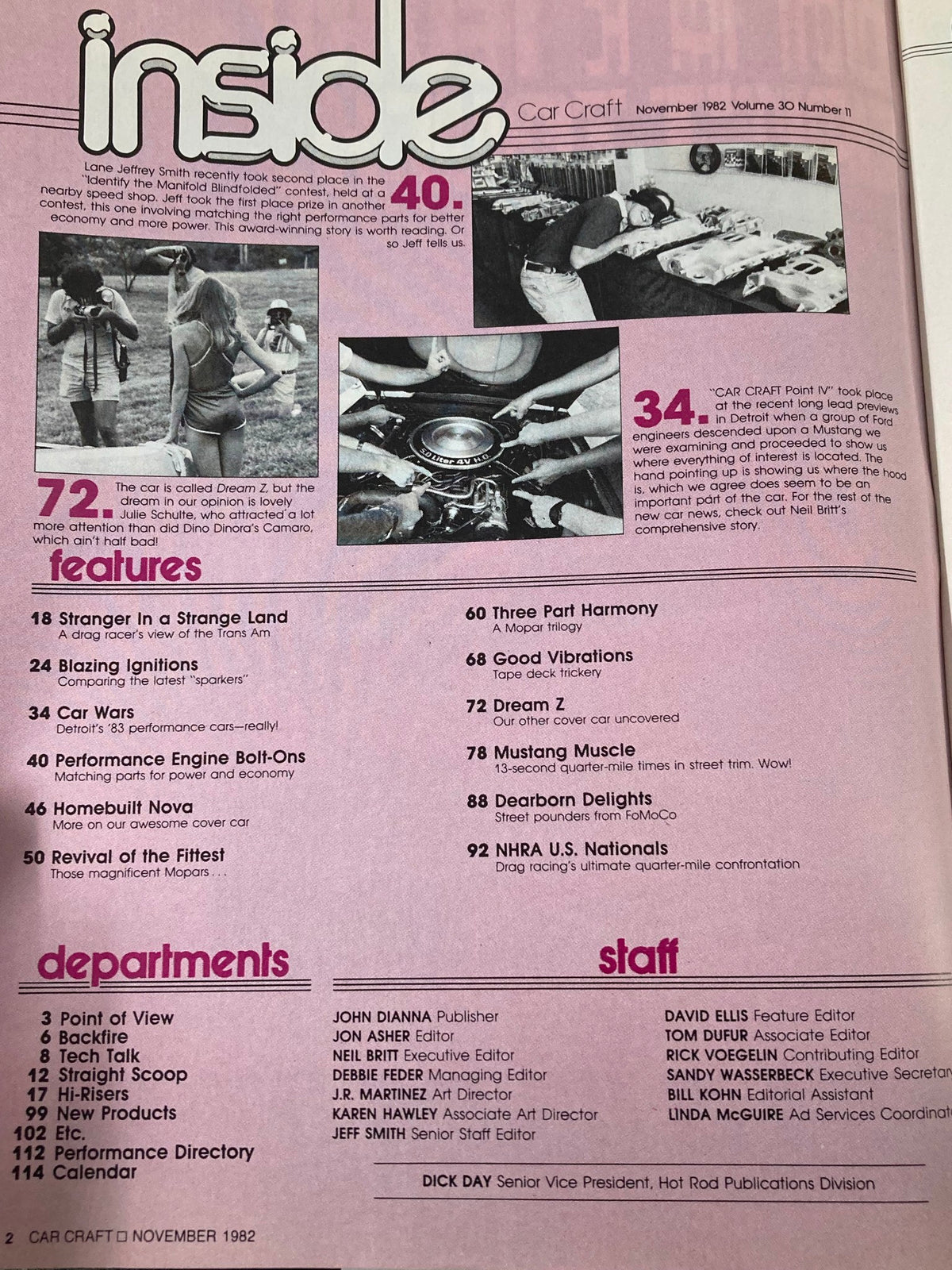 Inside page of Car Craft Magazine, November 1982, volume 30 number 11. The page displays the table of contents and features articles on automotive performance, including engine modifications and car features, emphasizing the vintage automotive culture.