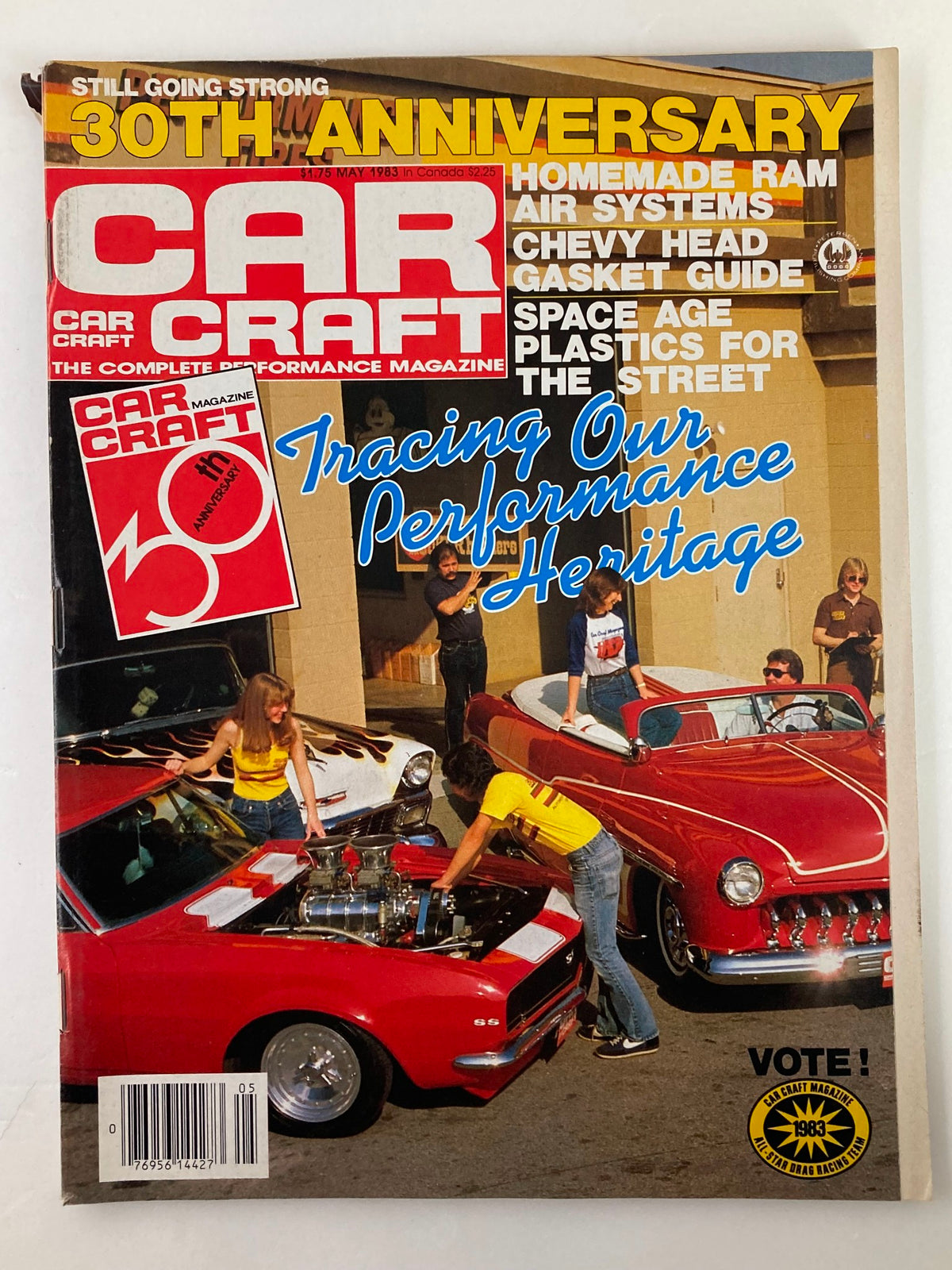 Cover of the VTG Car Craft Magazine May 1983 Vol 31 #5 titled 'Tracing Our Performance Heritage'. Featuring a vibrant display of classic cars and people working on them, showcasing the automotive culture of the 1980s.
