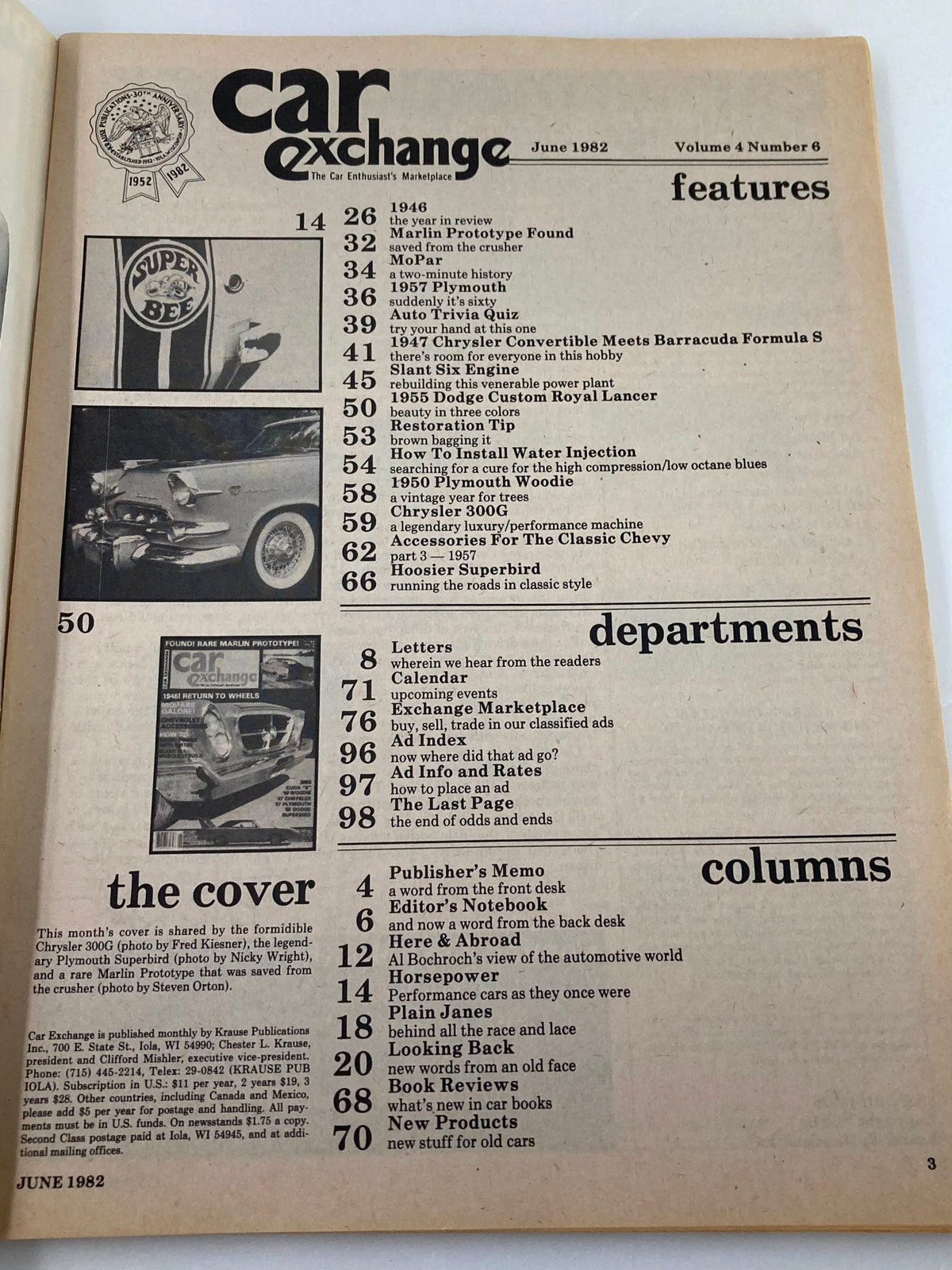 Cover page of VTG Car Exchange Magazine, June 1982, Volume 4 Issue 6 featuring the formidable Chrysler 300G. The page highlights various articles and features related to classic cars from the early 1980s, showcasing the magazine's focus on vintage automotive culture.