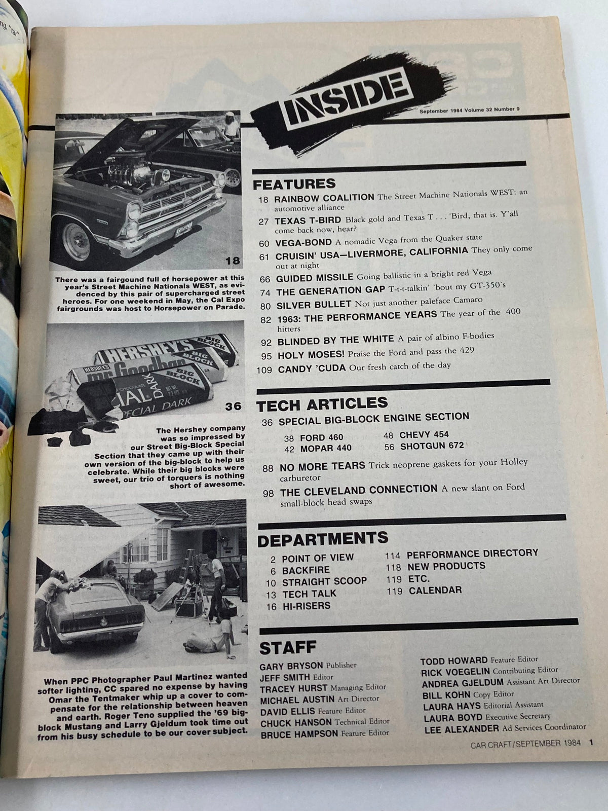 Inside page of VTG Car Craft Magazine September 1984 Vol 32 #9 detailing features, tech articles, and staff information, showcasing the era's automotive culture.