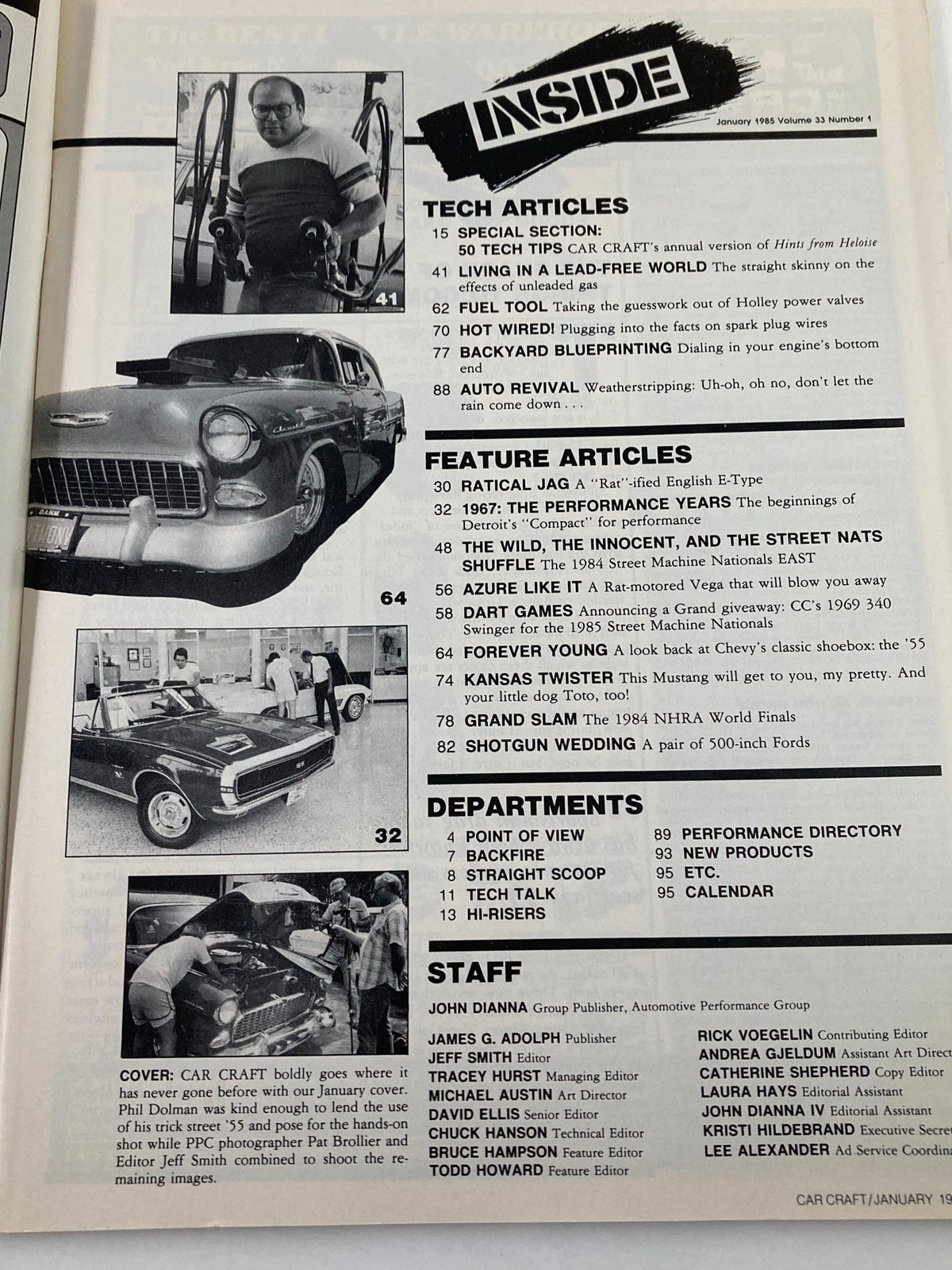 Inside page of Car Craft Magazine January 1985, featuring articles on tech tips, feature stories, and departments related to automotive culture. Includes images of classic cars and a mechanic working on a vehicle, highlighting key topics such as DIY car repair and restoration.