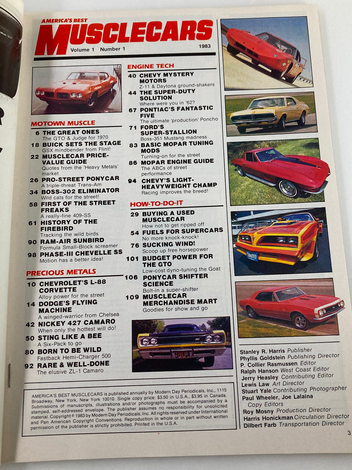 Interior page of VTG America's Best Musclecars 1983 Vol 1 #1 magazine displaying the table of contents, showcasing articles about various iconic muscle cars and performance modifications.