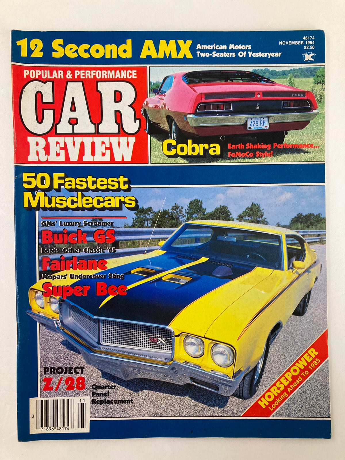 Cover of the Vintage Popular & Performance Car Review November 1984 featuring the Cobra Fomoco with an iconic American muscle car design.