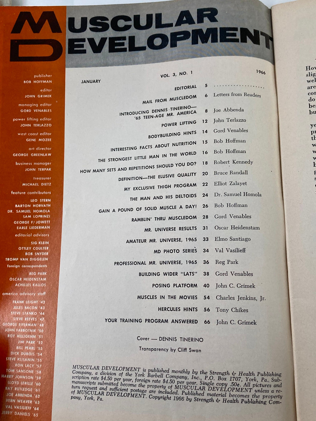 Contents page of VTG Muscular Development Magazine January 1966 listing articles and features, with Dennis Tinerino as the cover model.
