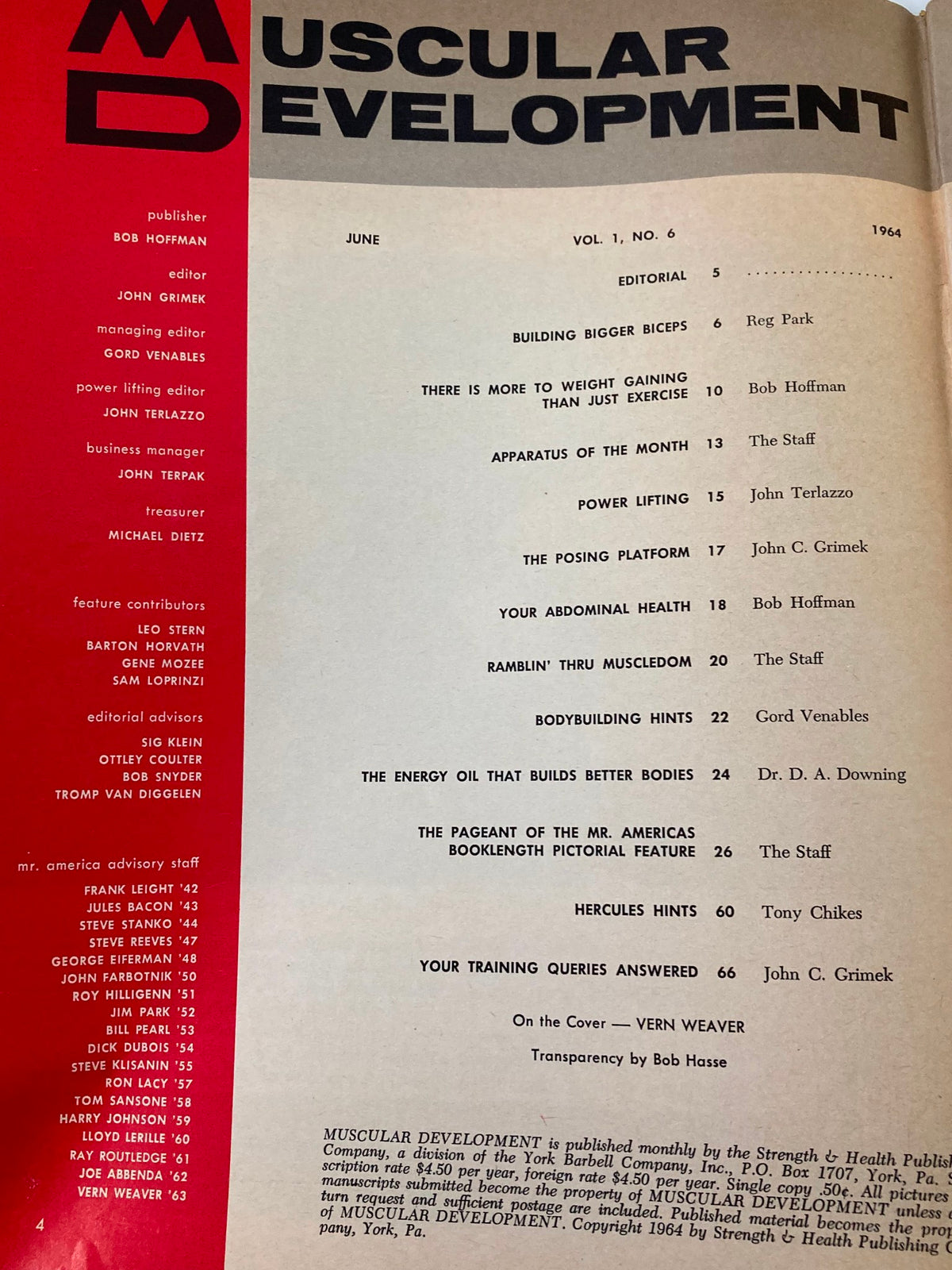 Table of contents page from VTG Muscular Development Magazine June 1964 Vol 1 #6 outlining various articles, including features on bodybuilding hints and the Mr. Americas pageant.
