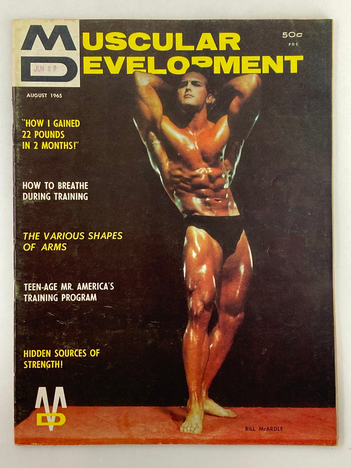 VTG Muscular Development Magazine August 1965 Vol 2 #8 featuring Bill McArdle on the cover, showcasing vintage bodybuilding culture.