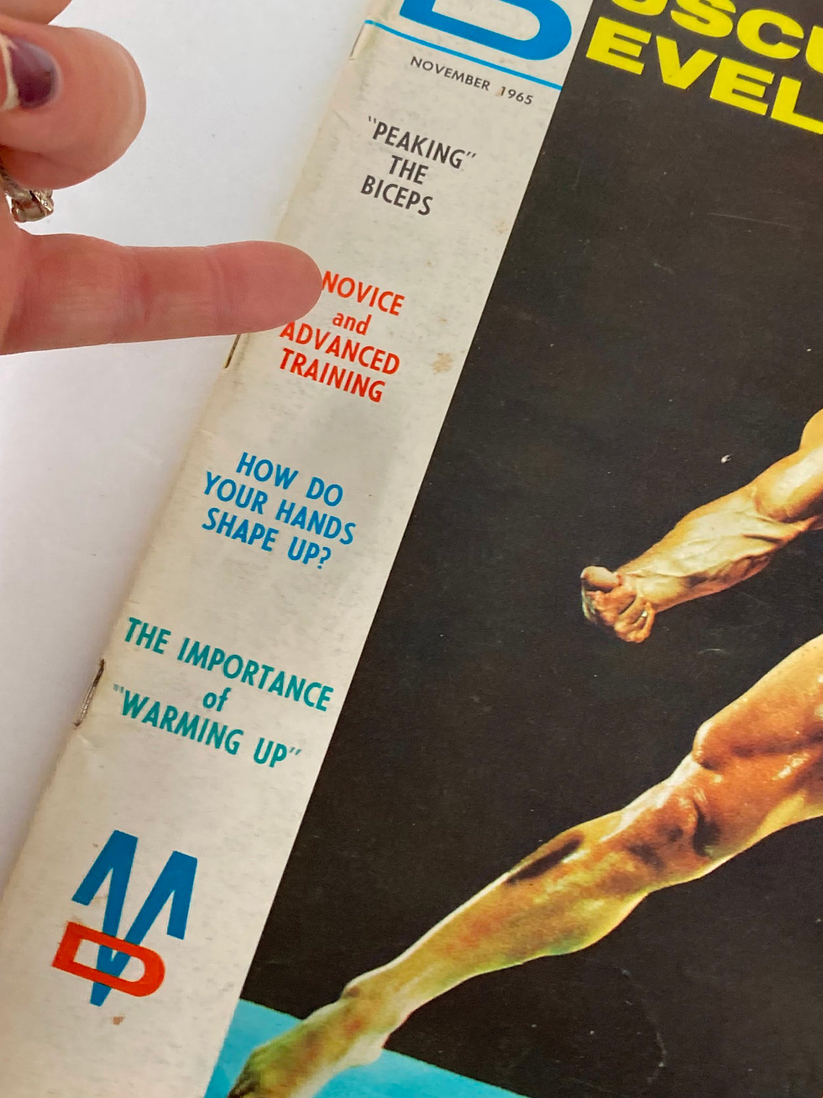 Close-up of the spine of the VTG Muscular Development Magazine November 1965, displaying titles such as 'Peaking the Biceps' and 'Novice and Advanced Training'.