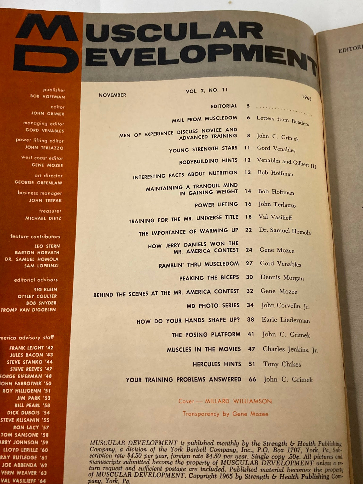 Inside page of the VTG Muscular Development Magazine November 1965, listing articles including 'Peaking the Biceps' and 'The Importance of Warming Up', featuring a vintage layout.
