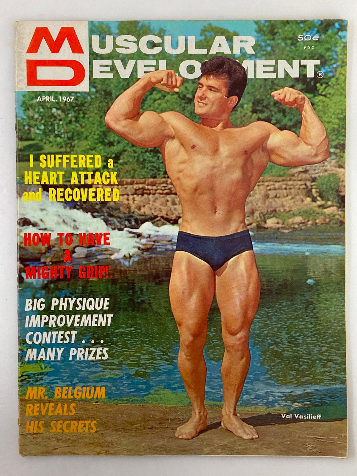 Cover of VTG Muscular Development Magazine April 1967 Vol 4 #4 featuring Val Vasilieff showcasing bodybuilding poses with vibrant background.