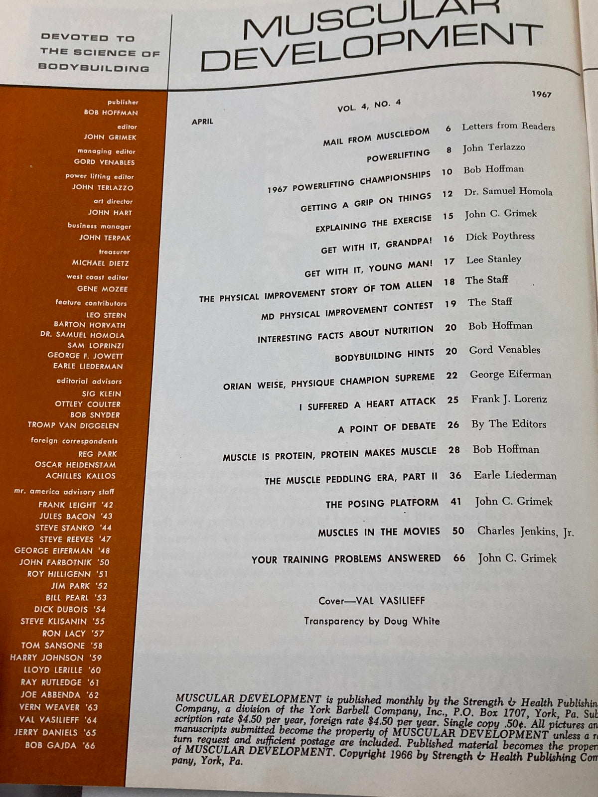 Table of contents page from VTG Muscular Development Magazine April 1967 Vol 4 #4, listing articles and contributors related to bodybuilding.