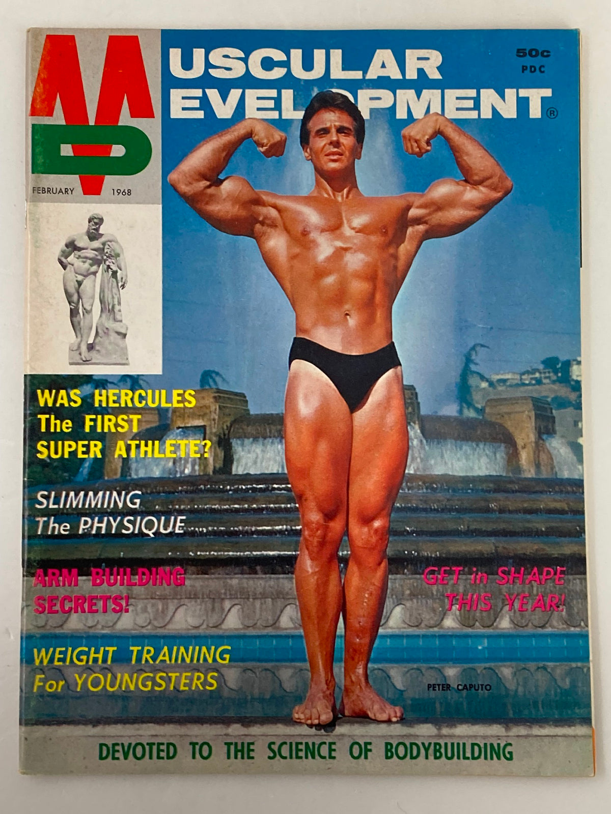 Cover image of VTG Muscular Development Magazine February 1968 Vol 5 #2 featuring Peter Caputo showcasing muscular physique with a fountain backdrop.