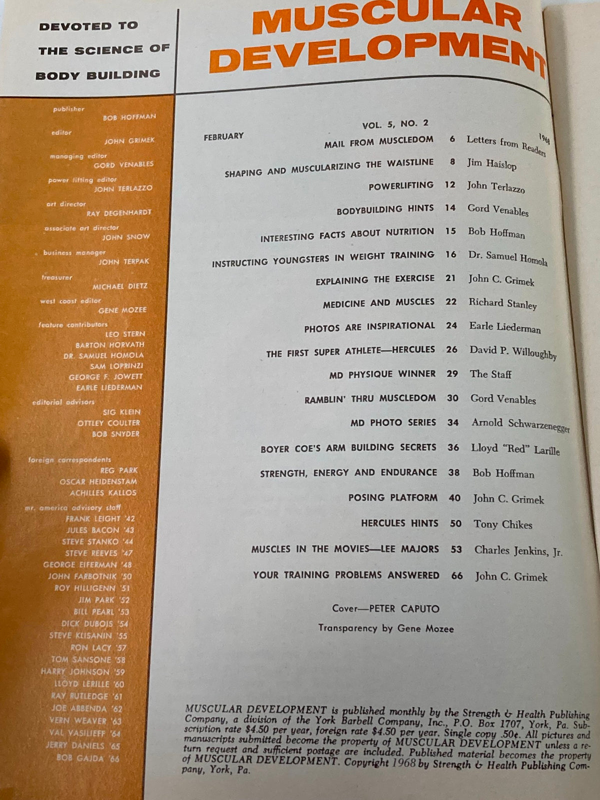 Inside page of VTG Muscular Development Magazine February 1968 Vol 5 #2 displaying index and contributions list, highlighting topics like bodybuilding tips and muscle training.