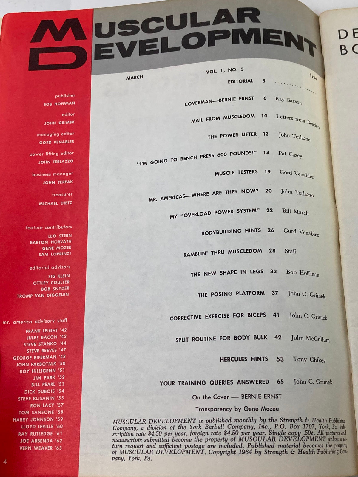 Interior page of VTG Muscular Development Magazine March 1964 Vol 1 #3 displaying the contents and articles, reflecting vintage bodybuilding history.