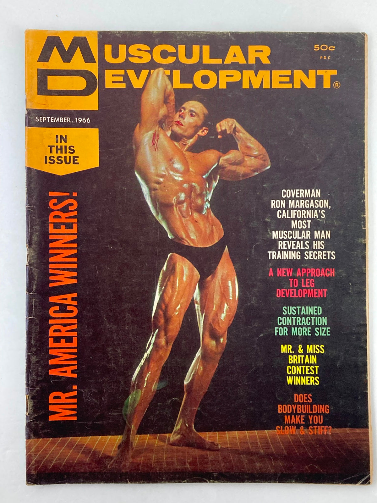 Cover of VTG Muscular Development Magazine September 1966 featuring Ron Margason, showcasing bodybuilding culture with captions about Mr. America winners and training secrets.