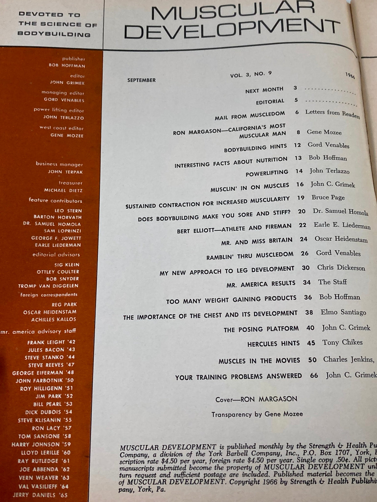 Contents page of VTG Muscular Development Magazine September 1966, listing articles on bodybuilding and fitness topics, featuring Ron Margason.