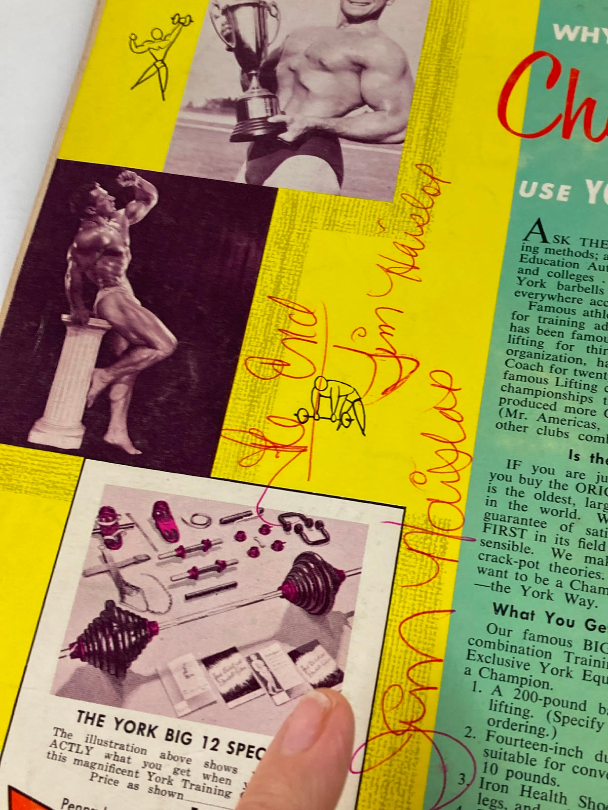 Interior page of VTG Muscular Development Magazine September 1966, showcasing photography and articles about bodybuilding techniques and a signed note.