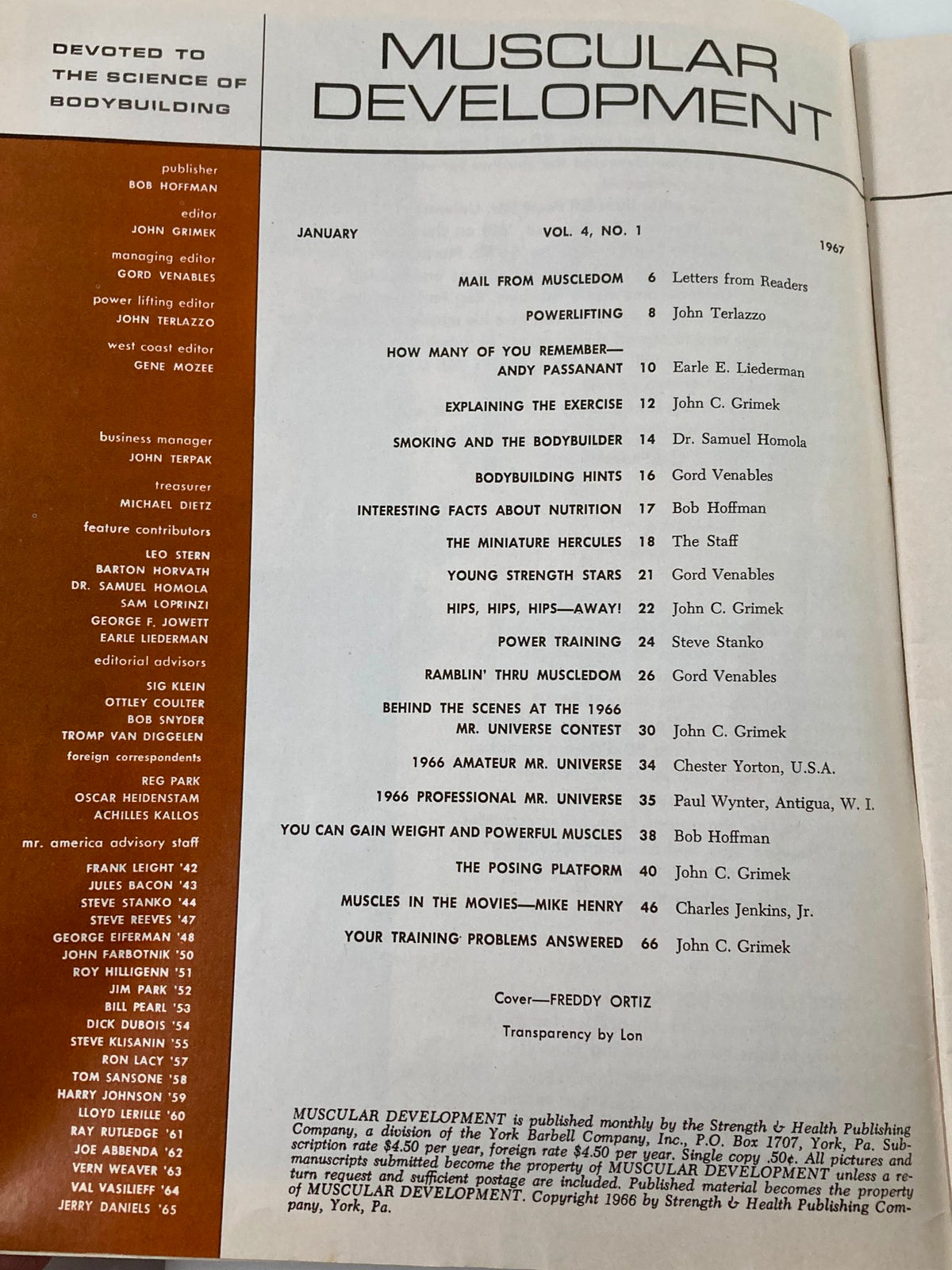 Inside page of VTG Muscular Development Magazine January 1967 listing contents including articles on power training, nutrition, and bodybuilding hints.