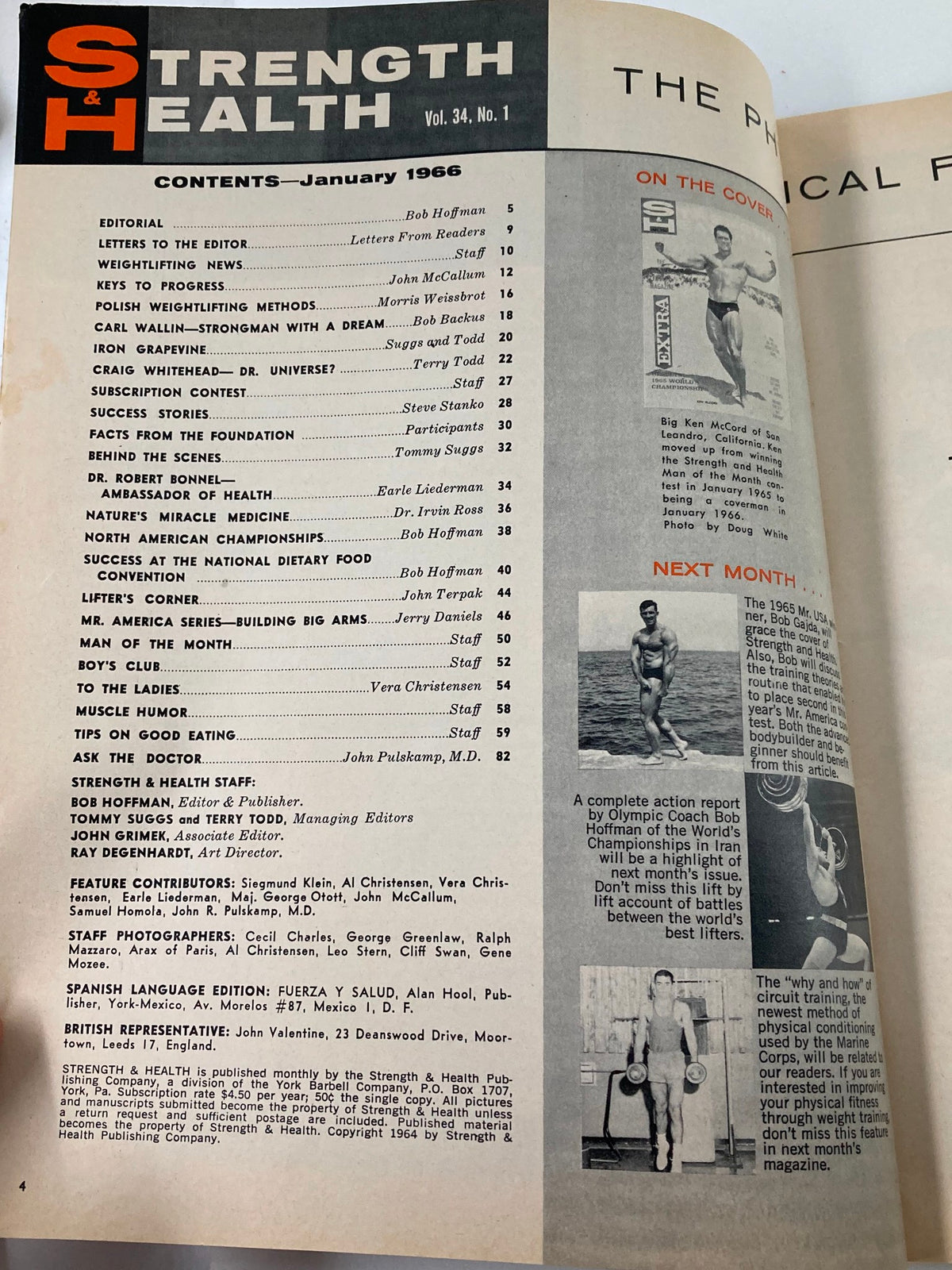 Contents page of VTG Strength & Health Magazine January 1966 Vol 34 No 1 featuring articles and highlights including editorial sections and contributions from notable fitness experts.