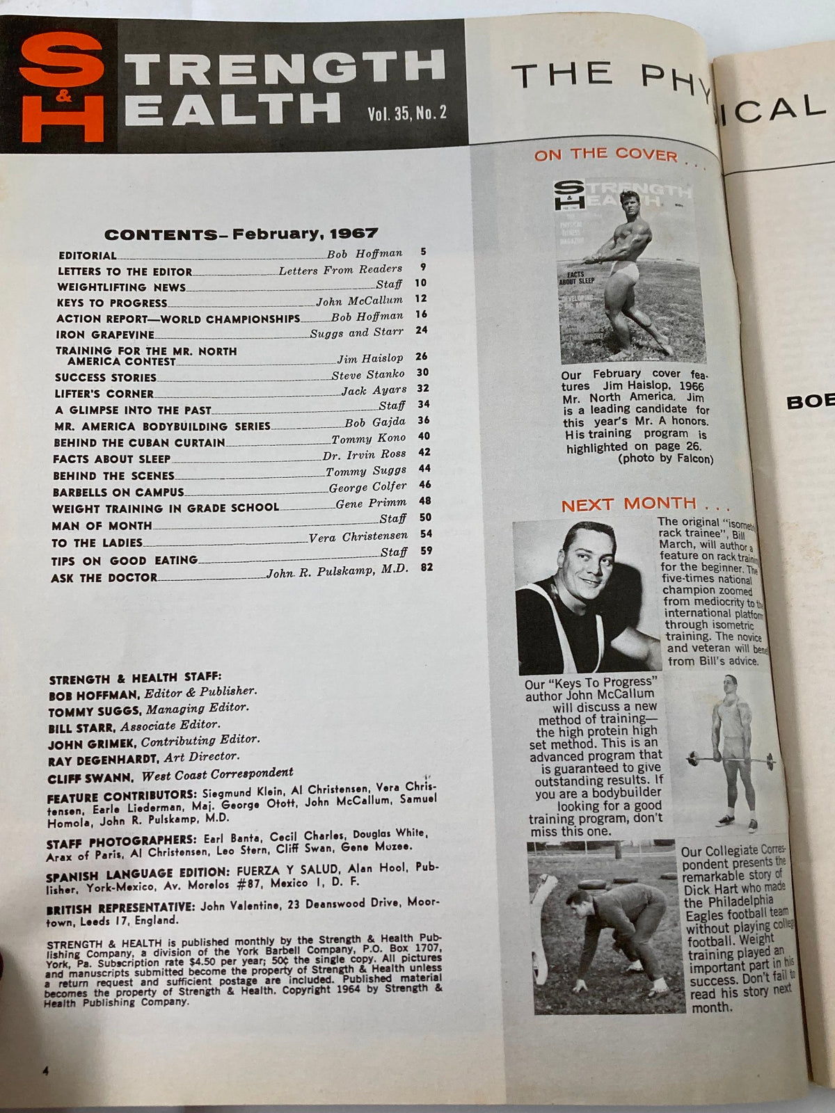 Inside page of VTG Strength & Health Magazine February 1967 Vol 35 #2 with contents including editorials and articles on fitness topics, reflecting the era's health and bodybuilding interests.