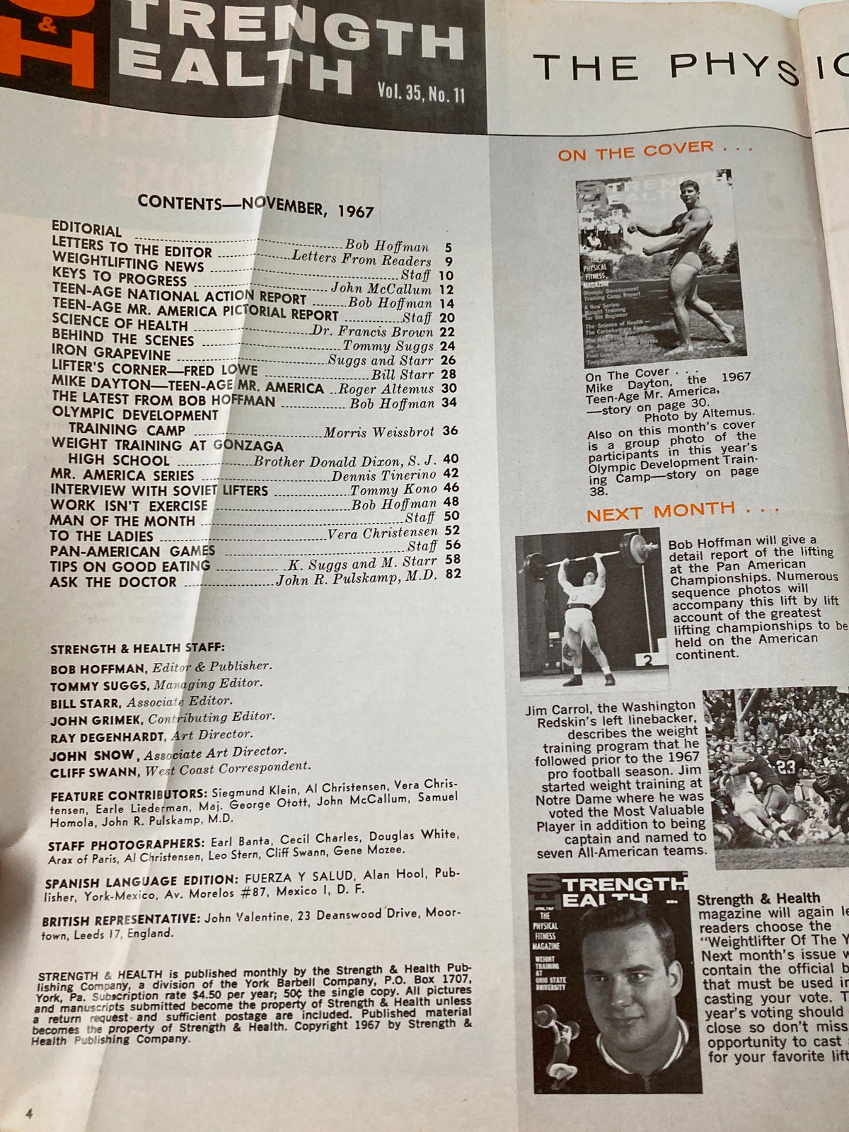Contents page of VTG Strength & Health Magazine November 1967, Volume 35 Number 11, highlighting articles and topics including editorial, weightlifting news, and features on Mike Dayton.