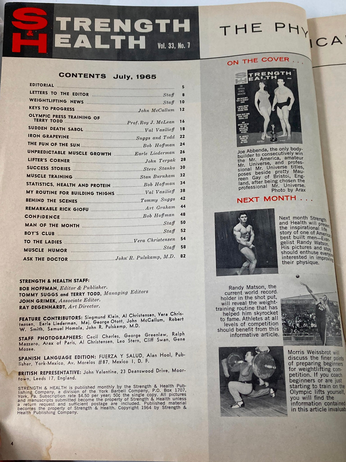 Table of contents from VTG Strength & Health Magazine July 1965, detailing articles on weight training and fitness.