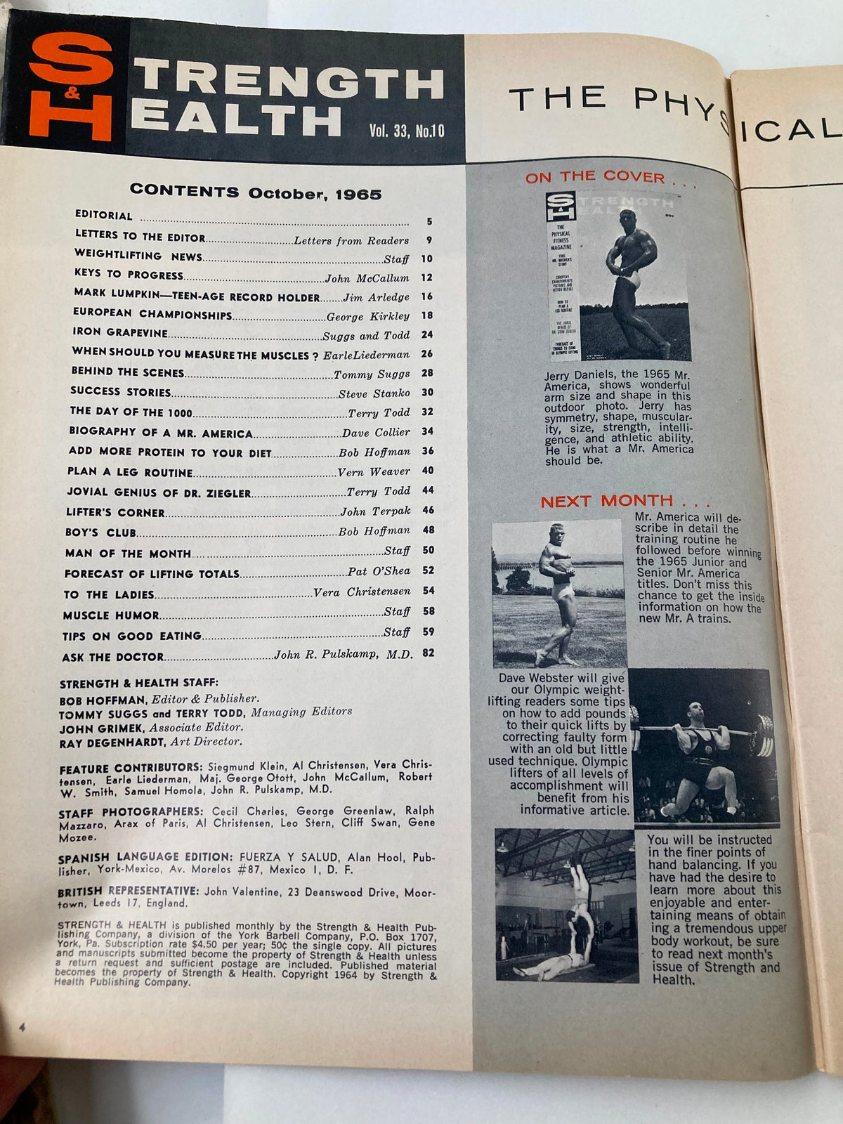 Contents page of VTG Strength & Health Magazine, October 1965, Vol 33 #10 highlighting major articles, including on Jerry Daniels, Mr. America, and topics on bodybuilding and fitness techniques.
