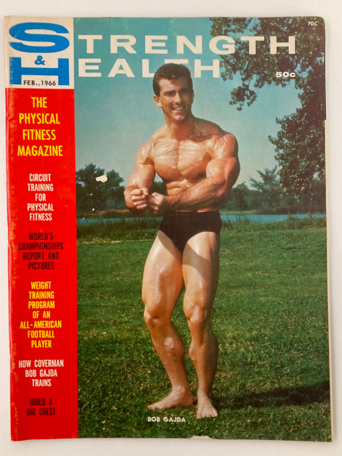 Cover of VTG Strength & Health Magazine February 1966 Vol 34 #2 featuring Bob Gajda in a muscular pose outdoors.