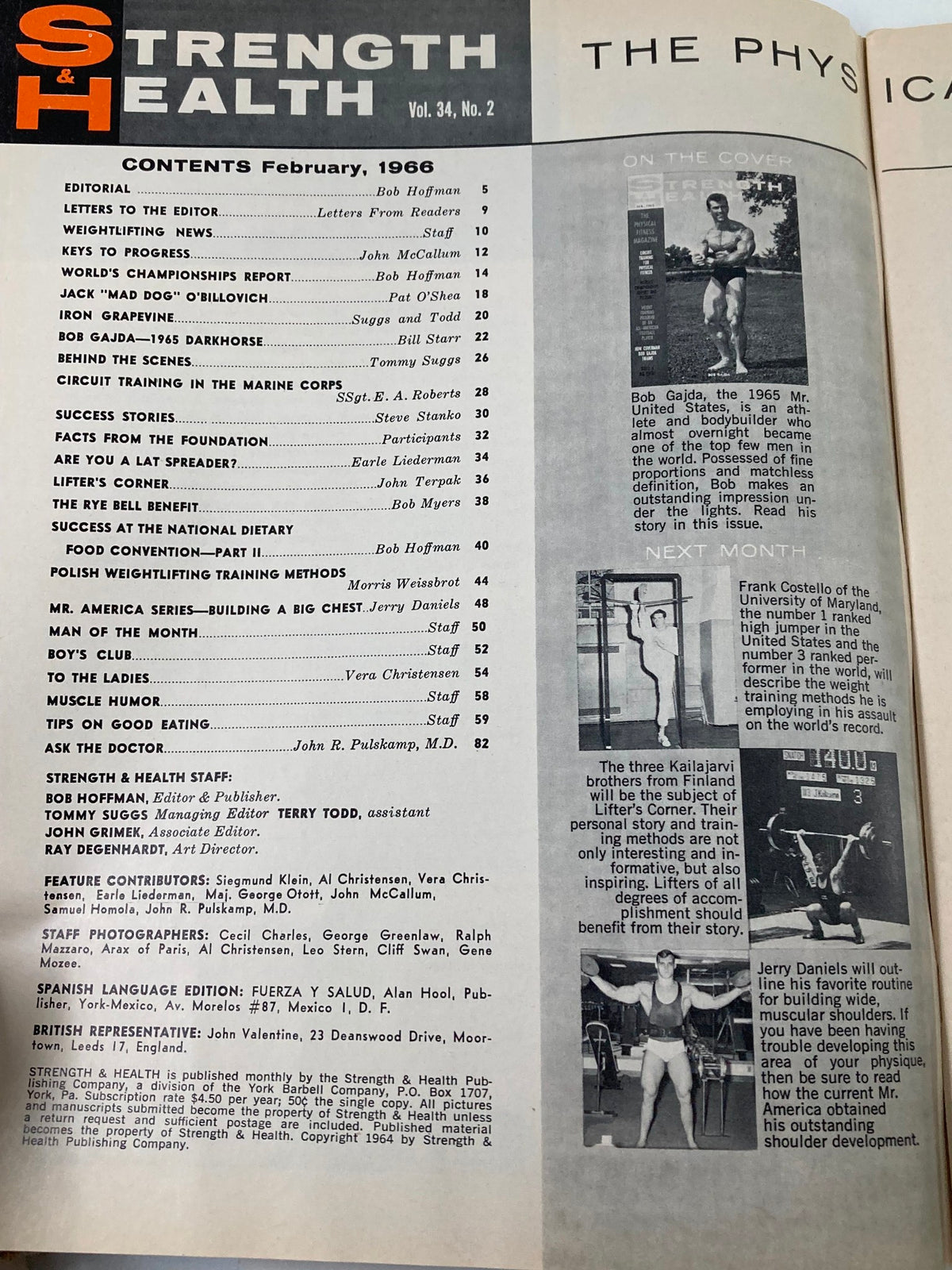 Contents page of VTG Strength & Health Magazine February 1966 Vol 34 #2, listing articles including Bob Gajda's feature.