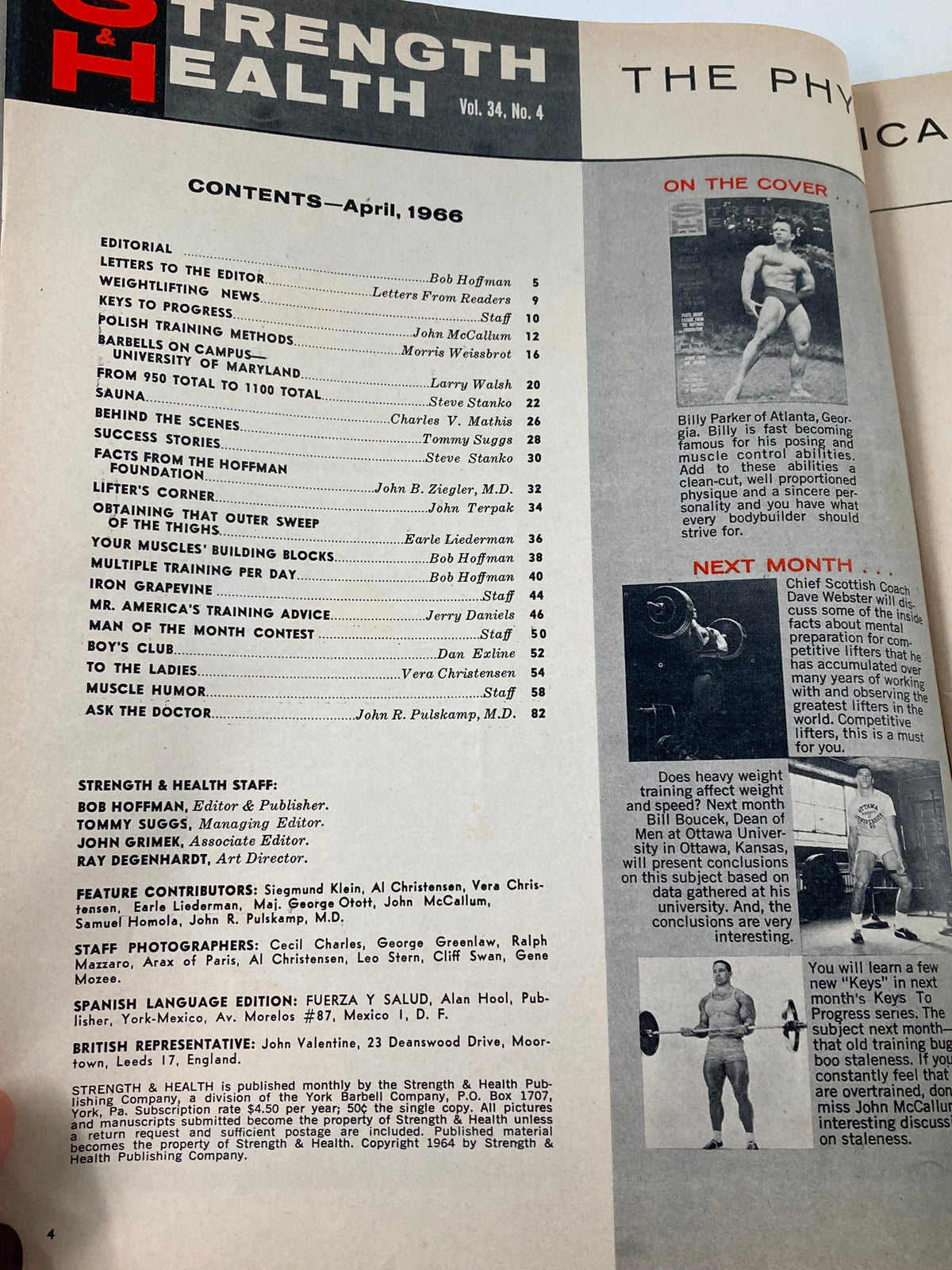 Table of contents page from VTG Strength & Health Magazine April 1966, Vol 34 #4. It lists articles related to strength training, bodybuilding tips, and fitness insights.