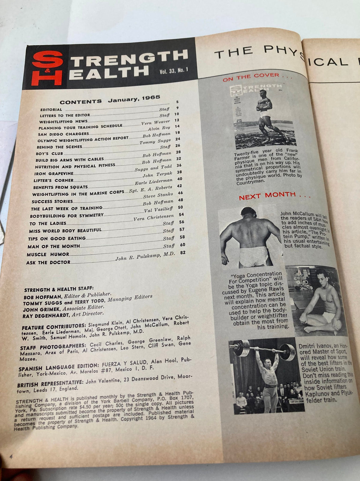 Contents page of VTG Strength & Health Magazine January 1965, Volume 33, Issue 1, featuring articles about nutrition, training schedules, and fitness stories.
