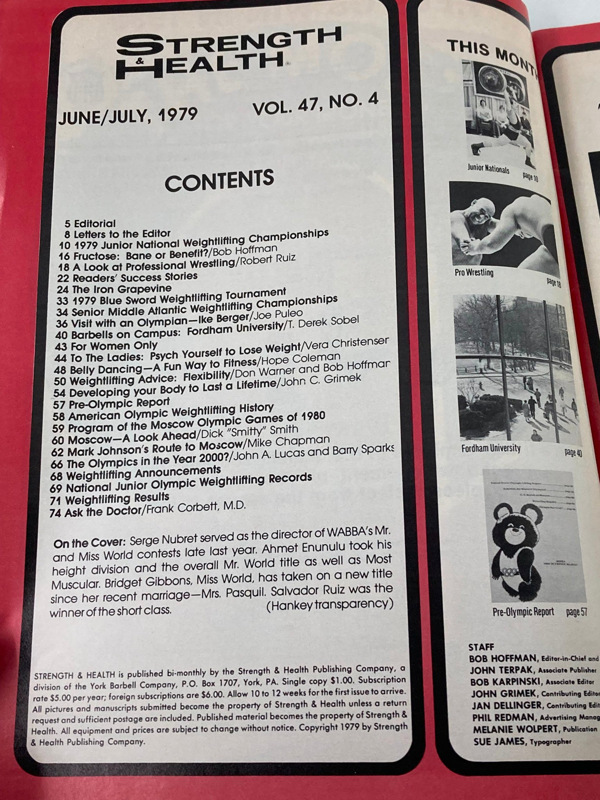 Contents page of the VTG Strength & Health Magazine July 1979, featuring articles on weightlifting championships, fitness tips, and cultural insights from the 1970s health and fitness movement.