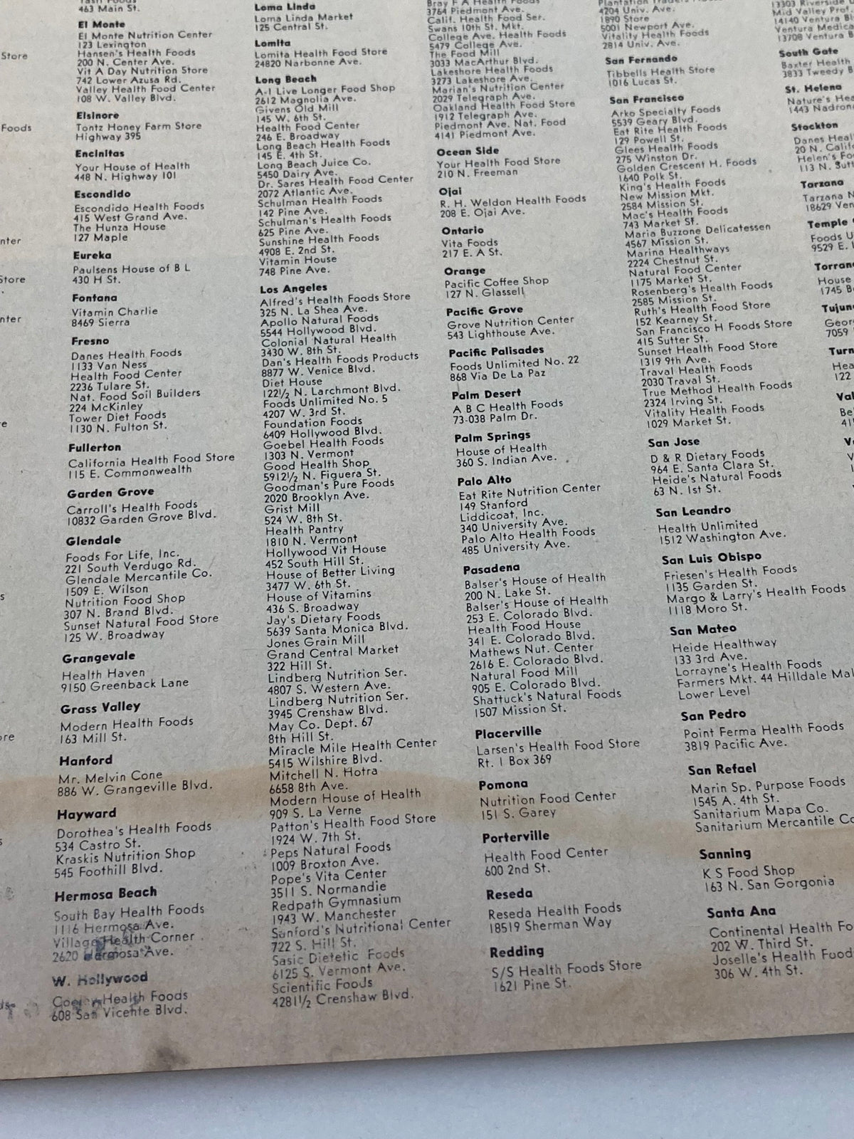 Inside page of VTG Strength & Health Magazine August 1958 showing a list of health food stores, reflecting the era's fitness landscape.