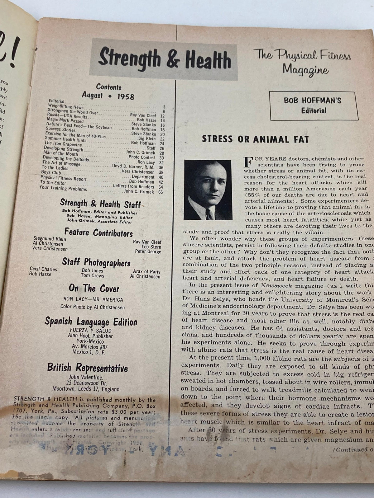 Inside page of VTG Strength & Health Magazine August 1958 showing the contents and editorial section, featuring an article by Bob Hoffman on health and fitness.