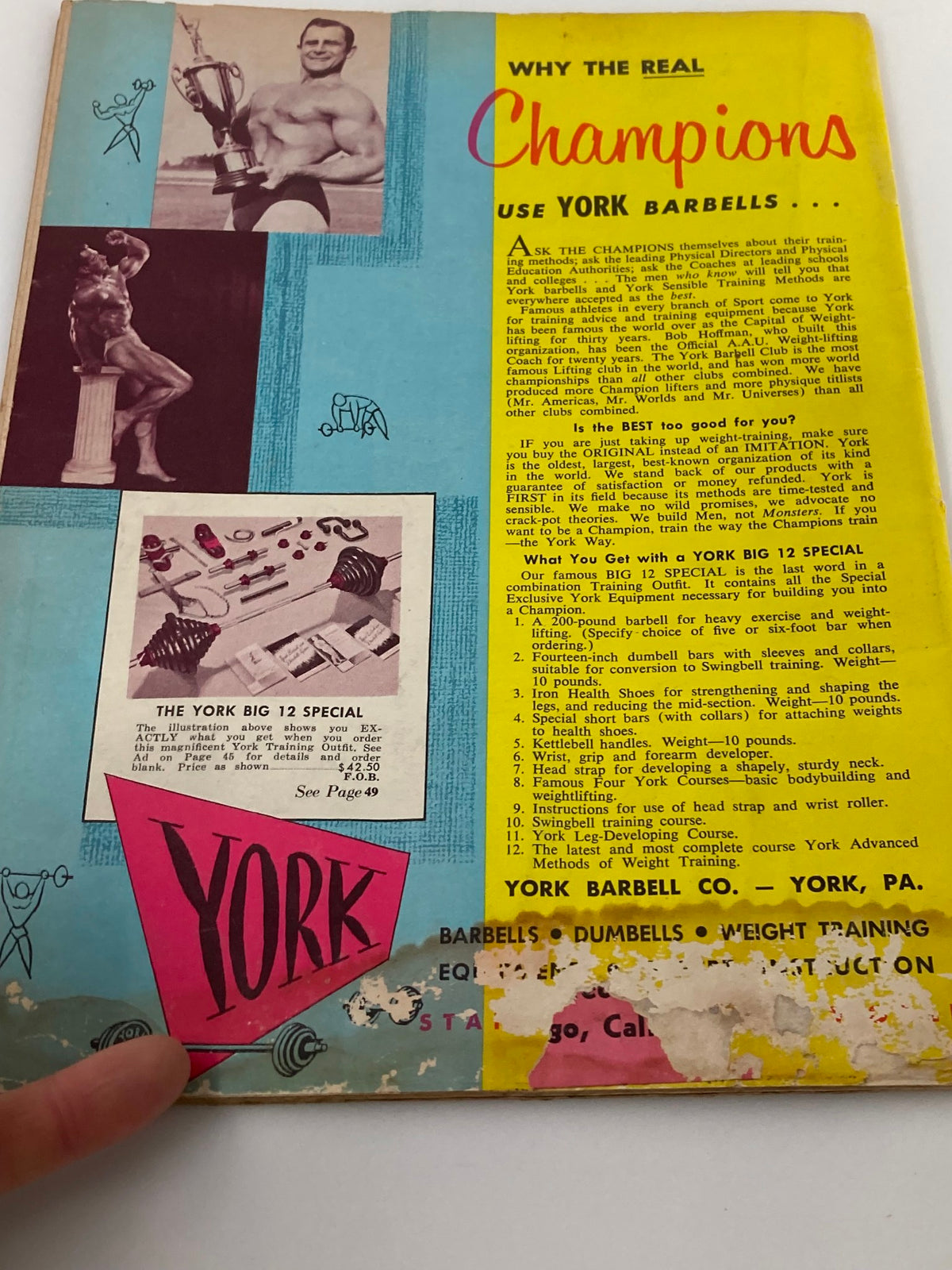 Back cover of VTG Strength & Health Magazine August 1958, featuring details on York Barbells and testimonials on their fitness training equipment.