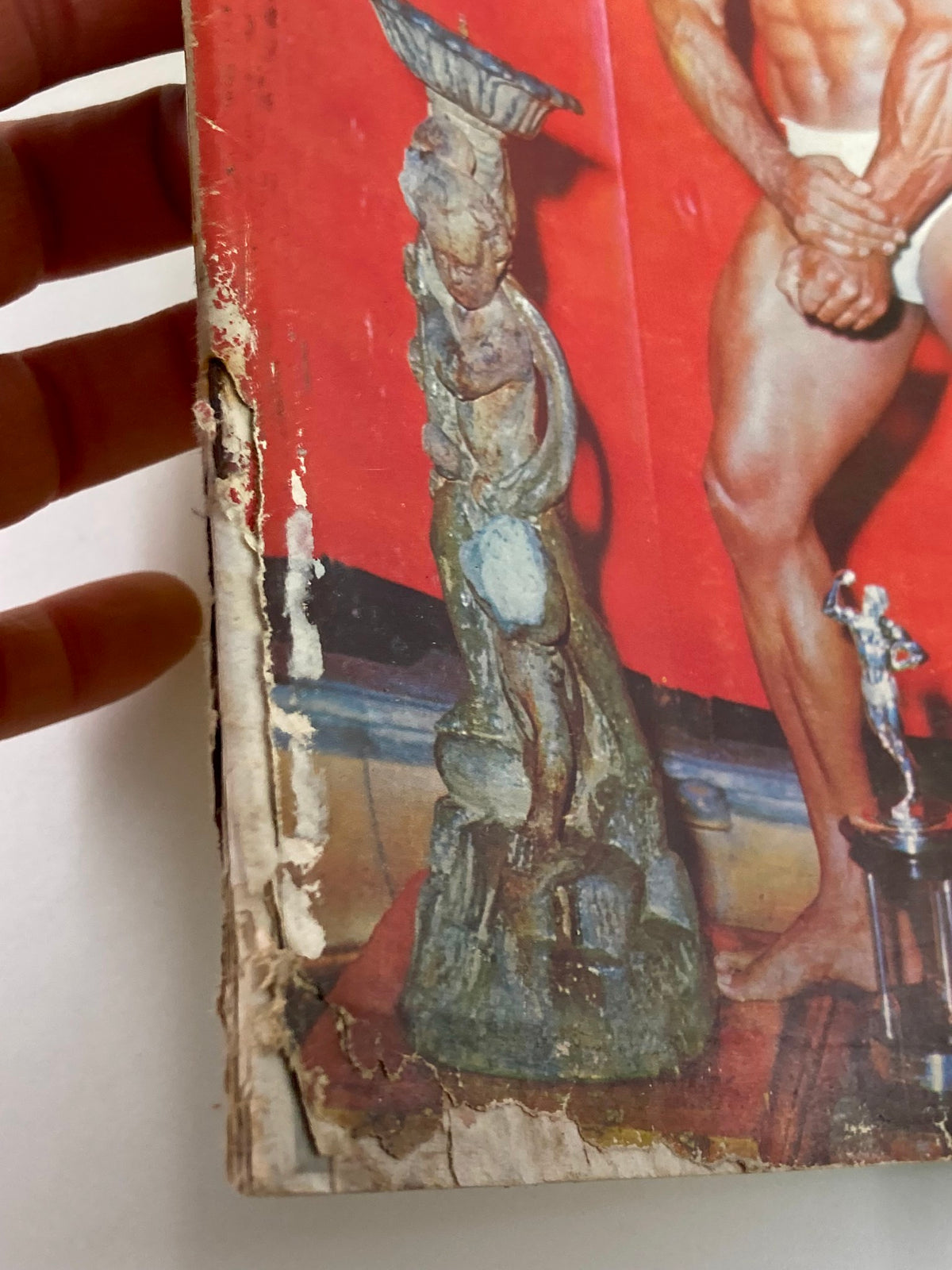 Close-up view of the spine of the VTG Muscular Development Magazine February 1966 Vol 3 #2, highlighting wear and historical character, including a decorative pillar in the background.