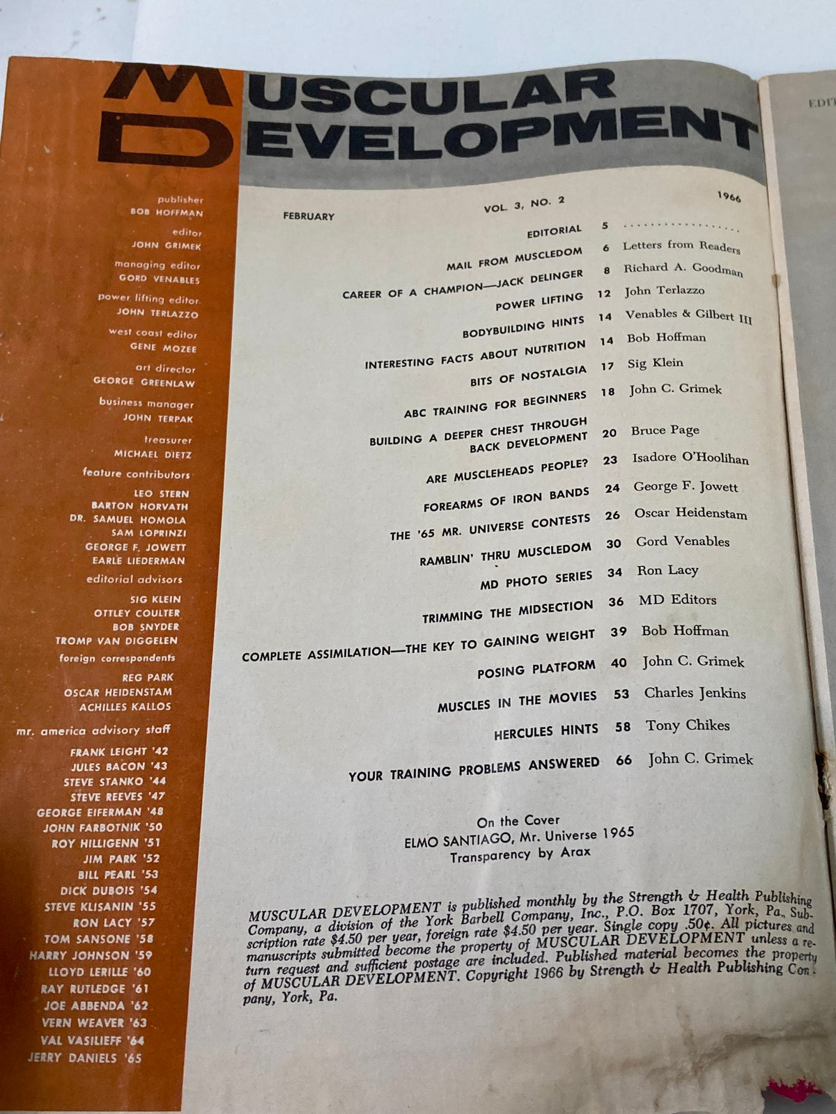 Contents page of the VTG Muscular Development Magazine February 1966, detailing articles and features included in this issue.