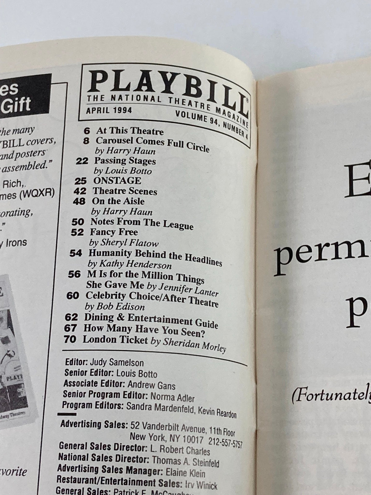 Interior page of the April 1994 Playbill featuring articles and highlights about various Broadway productions, including Beauty and the Beast at the Palace Theatre.