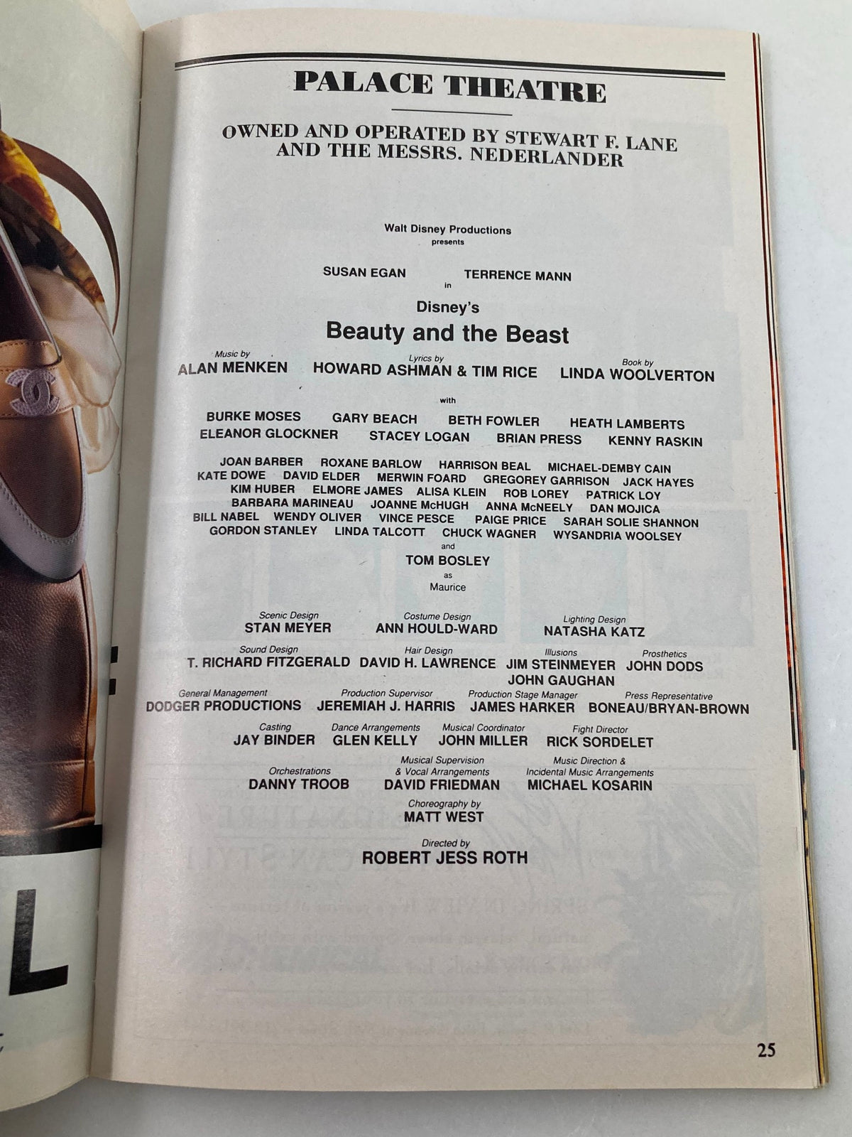 The cast and crew listing for Disney's Beauty and the Beast at the Palace Theatre, showcasing Susan Egan and Terrence Mann, from the April 1994 Playbill.