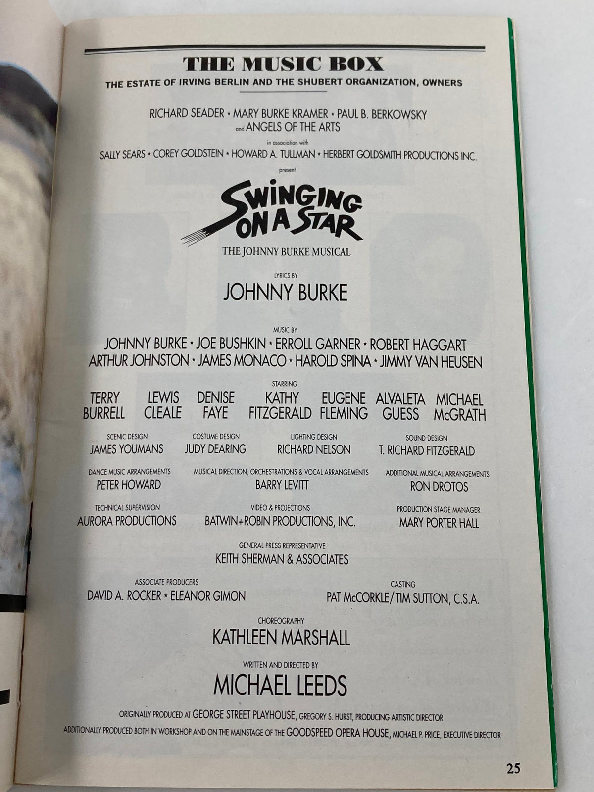 Credits page of the 1995 Playbill The Music Box highlighting the cast and creative team for Swinging On A Star
