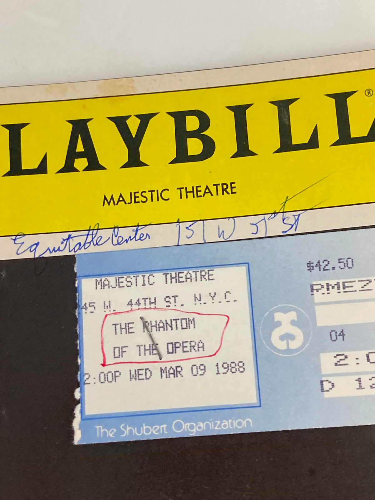 Detailed view of the ticket section from the 1988 Playbill at Majestic Theatre for The Phantom of the Opera, highlighting performance details and handwritten notes.