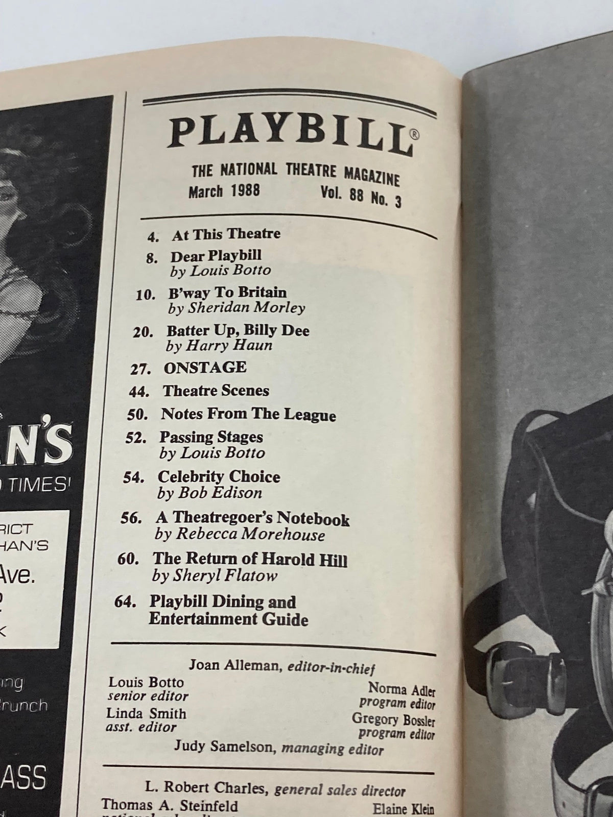Interior page of the 1988 Playbill, featuring the contents list including articles and features, capturing the essence of Broadway in March 1988.