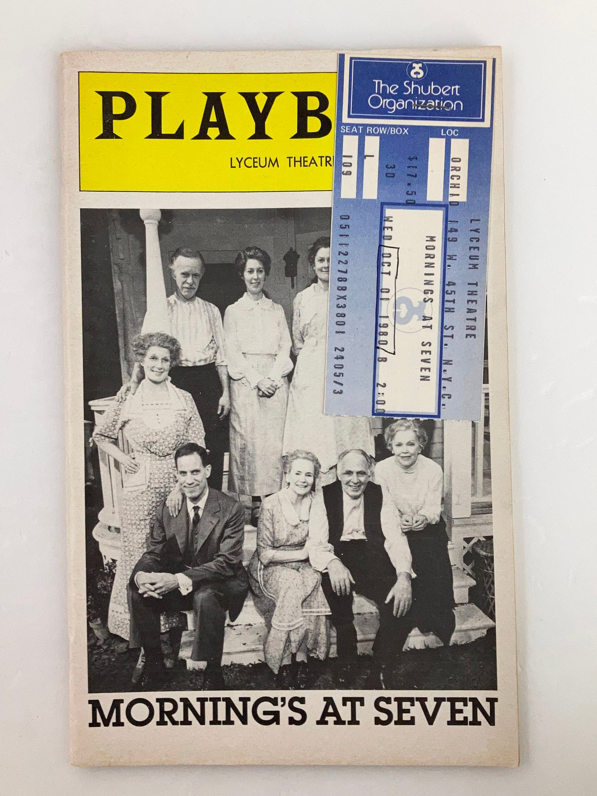 1980 Playbill from the Lyceum Theatre featuring Nancy Marchand in Morning's at Seven with cast members posed together, showcasing the vintage theatrical design.