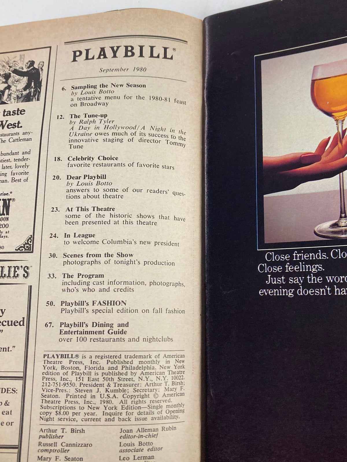 Interior page of the 1980 Playbill from the Lyceum Theatre featuring Nancy Marchand in Morning's at Seven, displaying advertisements and article snippets from Broadway.