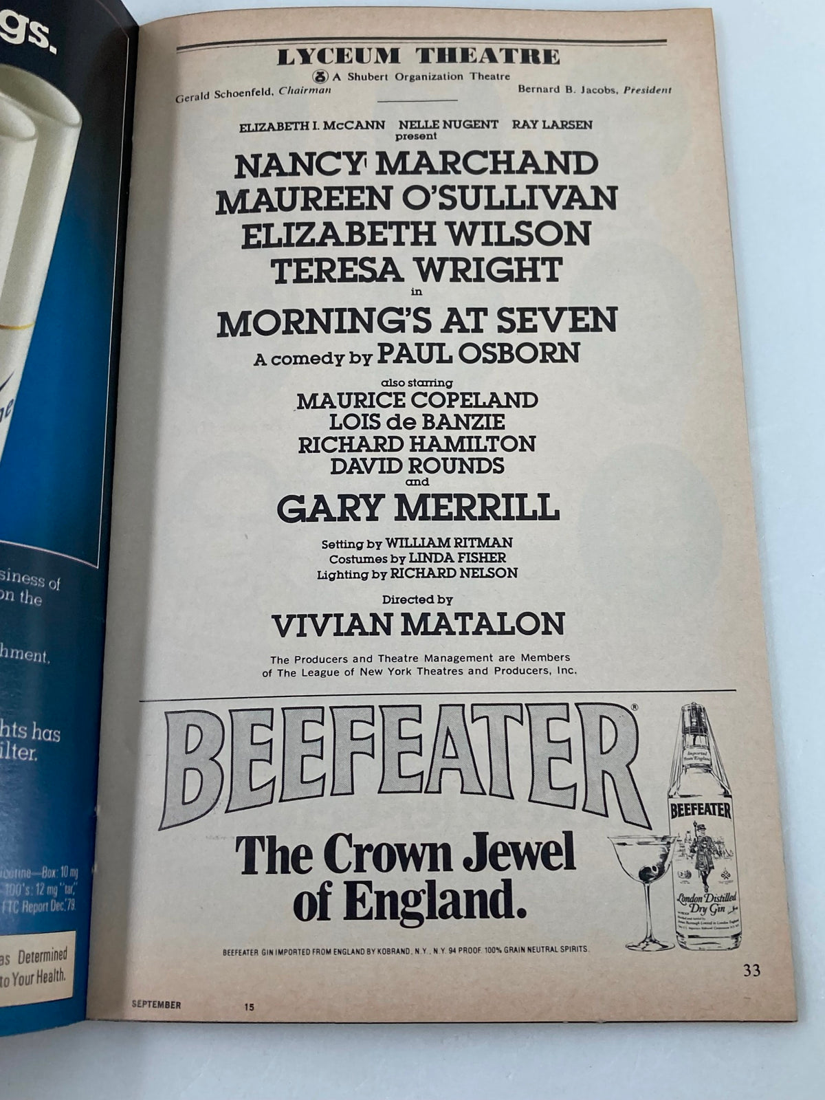 1980 Playbill from the Lyceum Theatre featuring Nancy Marchand in Morning's at Seven, showcasing the cast and production details, including a ticket, capturing the essence of Broadway history.