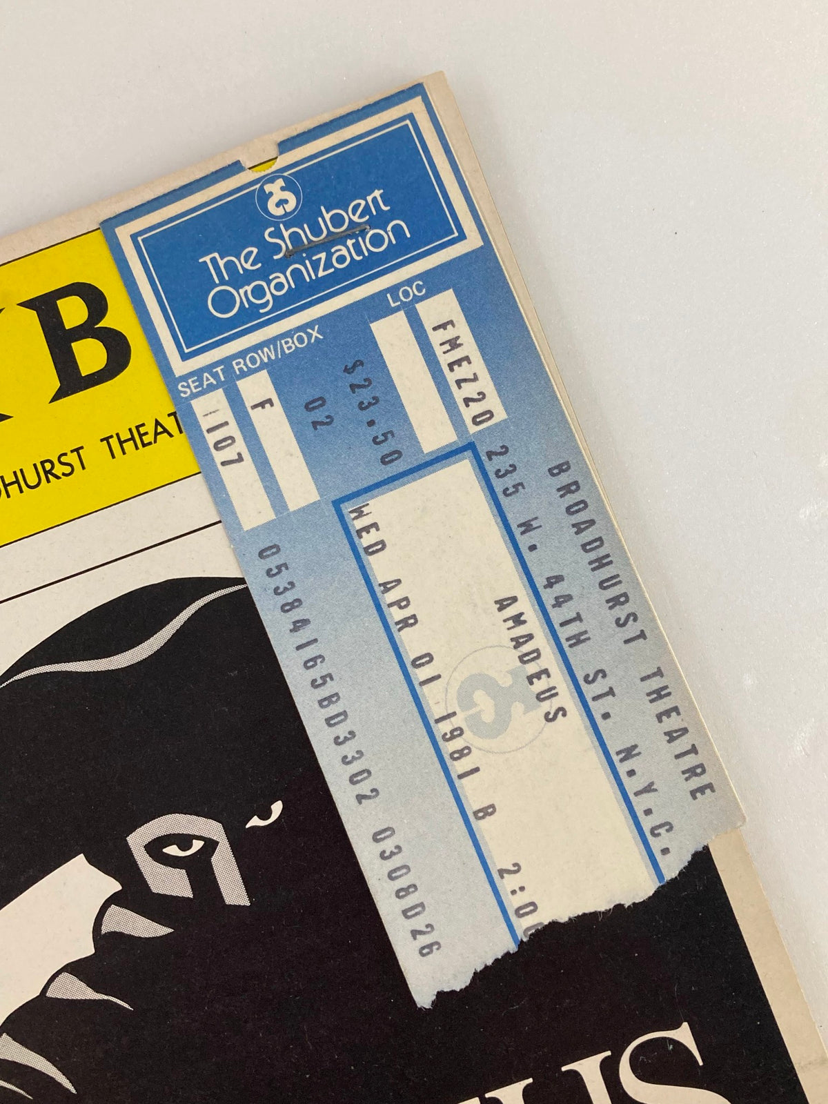 Ticket stub from the 1981 Playbill for the Broadhurst Theater featuring Ian McKellen and Tim Curry in Amadeus, showcasing details like seating information and performance date.